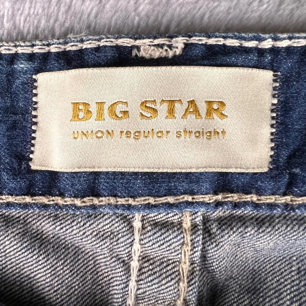 Big Star Union Regular Straight Jeans Mens 33R (34x33) Blue Denim Embroidered